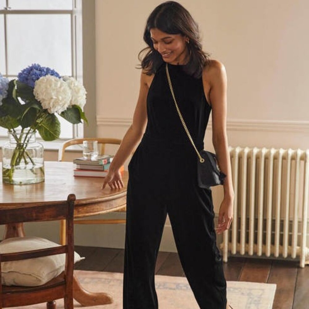 Boden Halterneck Velvet Jumpsuit - Black
